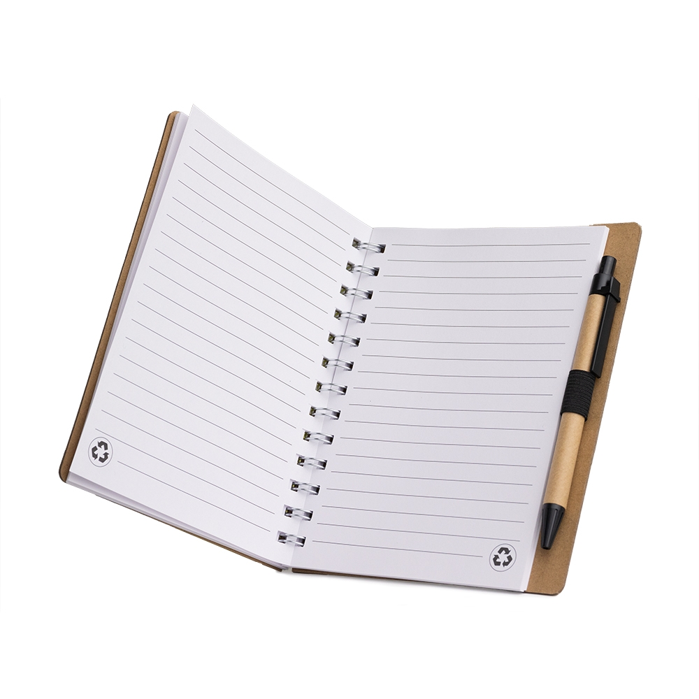 Caderno ecológico Jequitibá aberto com miolo pautado e suporte para caneta