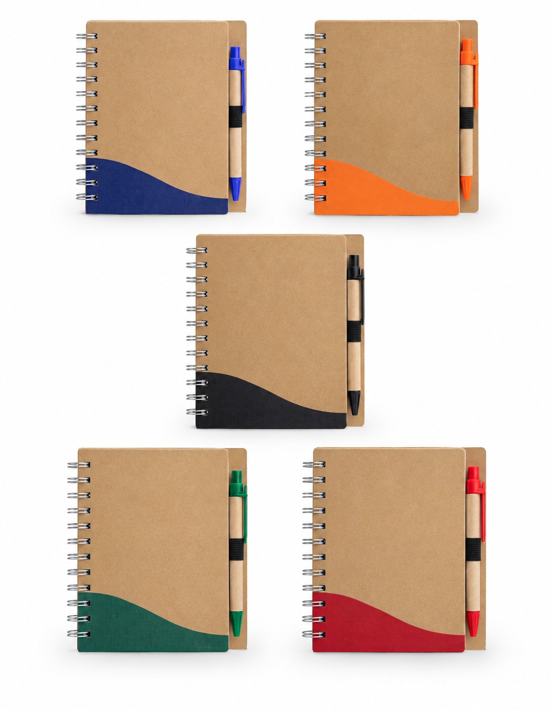 Caderno ecológico Jequitibá com caneta nas cores azul marinho, laranja, preto, verde e vermelho