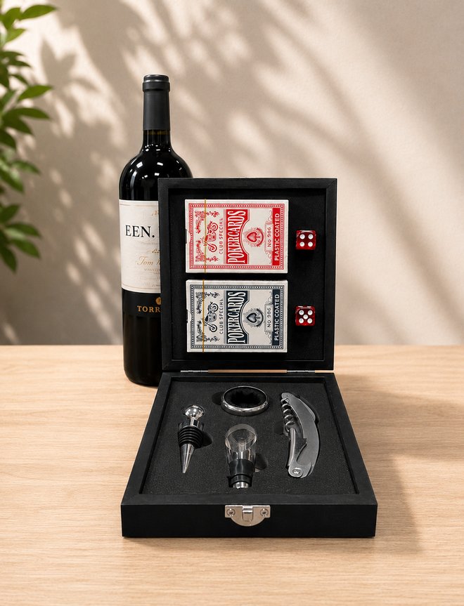 Kit vinho Cabernet Trunfo aberto com acessórios, baralhos e dados