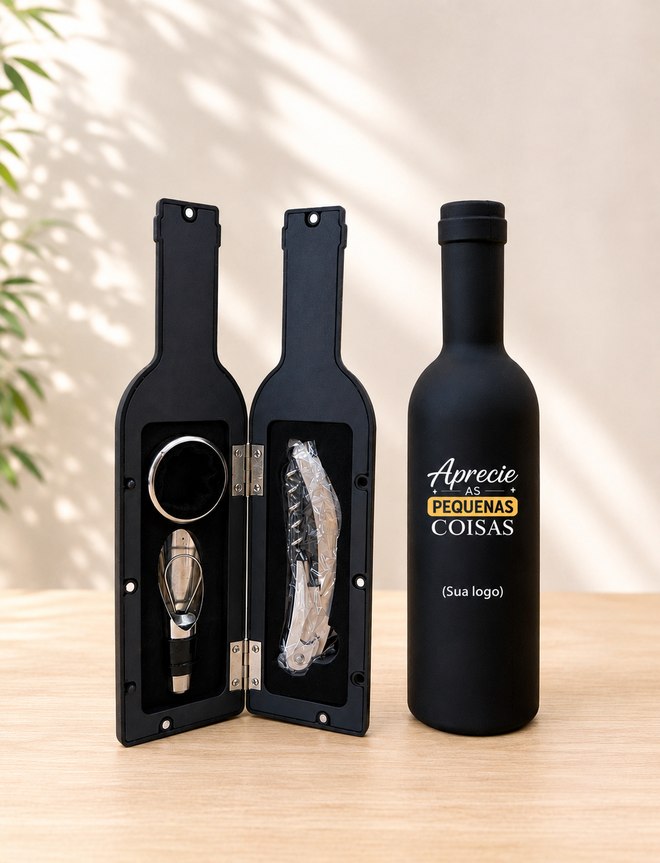 Kit vinho Merlot em estojo formato garrafa com adesivo personalizado