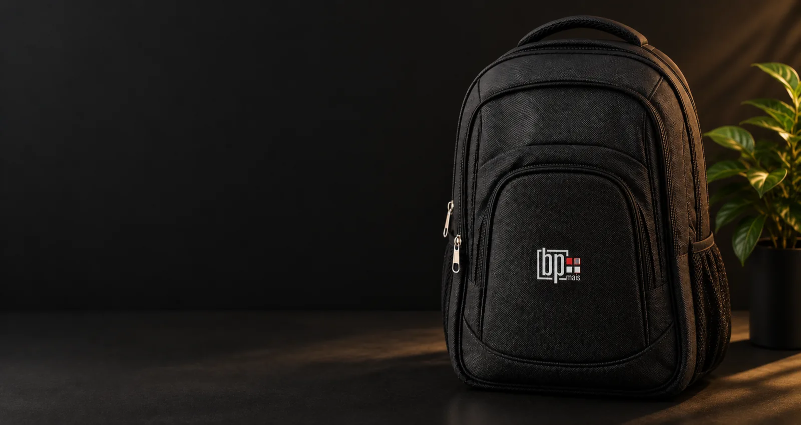 Mochila Mobilidade preta personalizada em ambiente corporativo