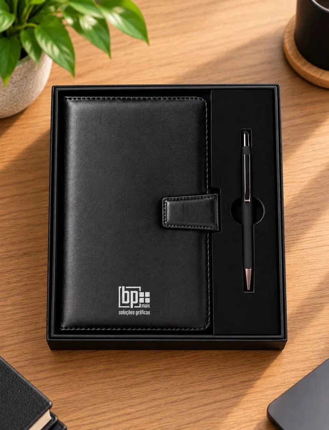 Kit Veneza preto personalizado com caneta na caixa