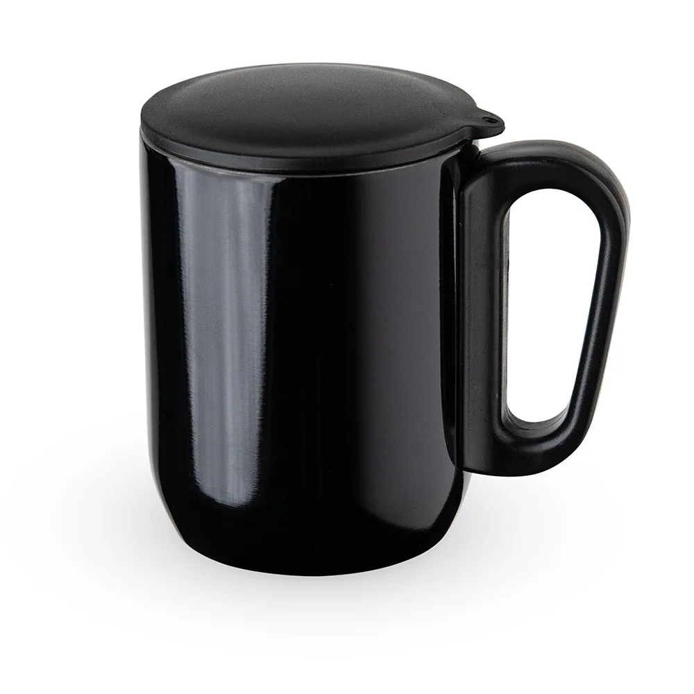 Caneca Latte preta em inox com tampa e alça
