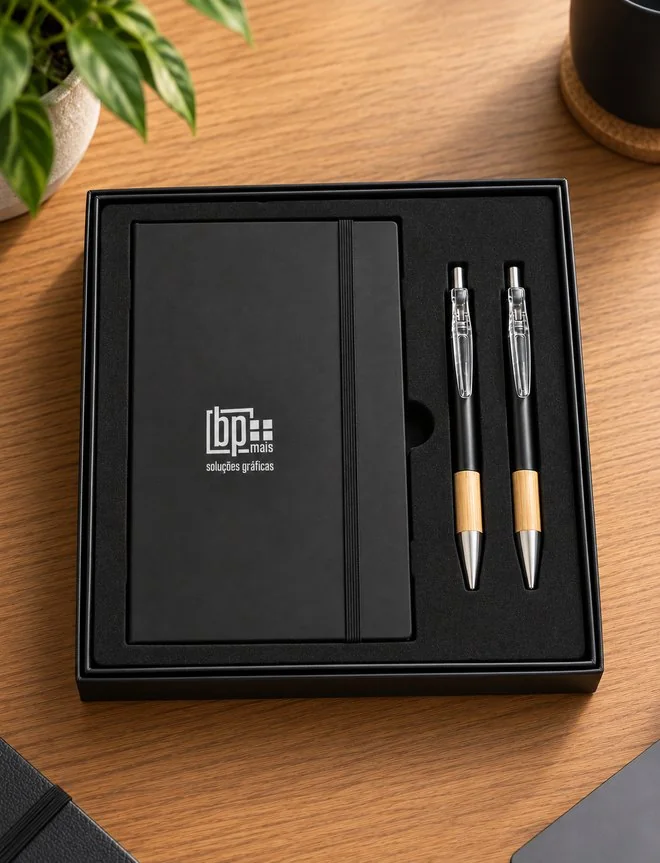 Kit Parma preto personalizado com duas canetas com detalhe em bambu
