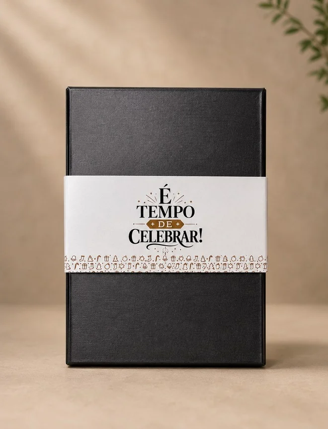 Caixa preta do kit queijo Gusto com cinta personalizada É Tempo de Celebrar