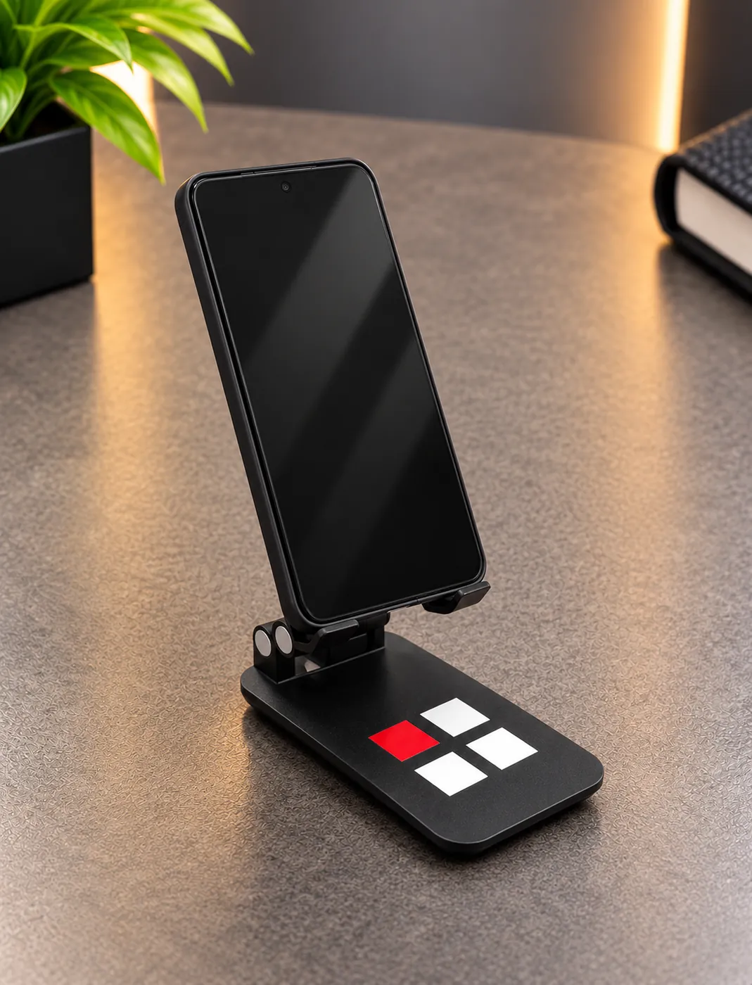 Suporte Plug preto personalizado em uso com celular