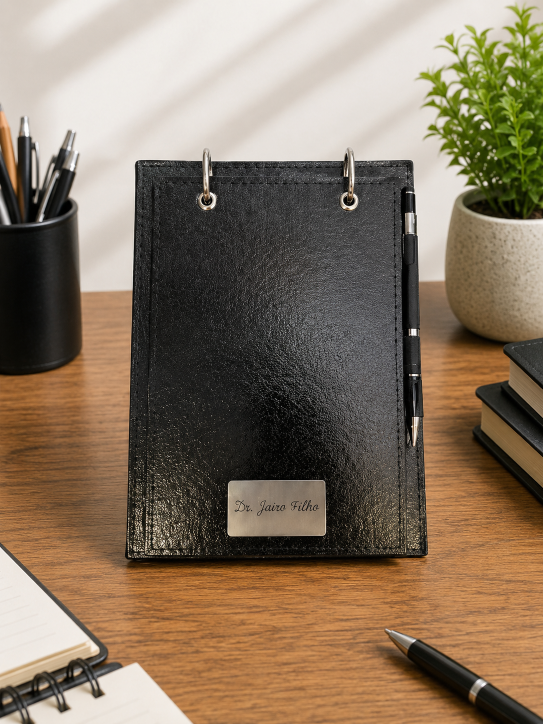 Bloco Titanium preto personalizado com placa de metal sobre mesa