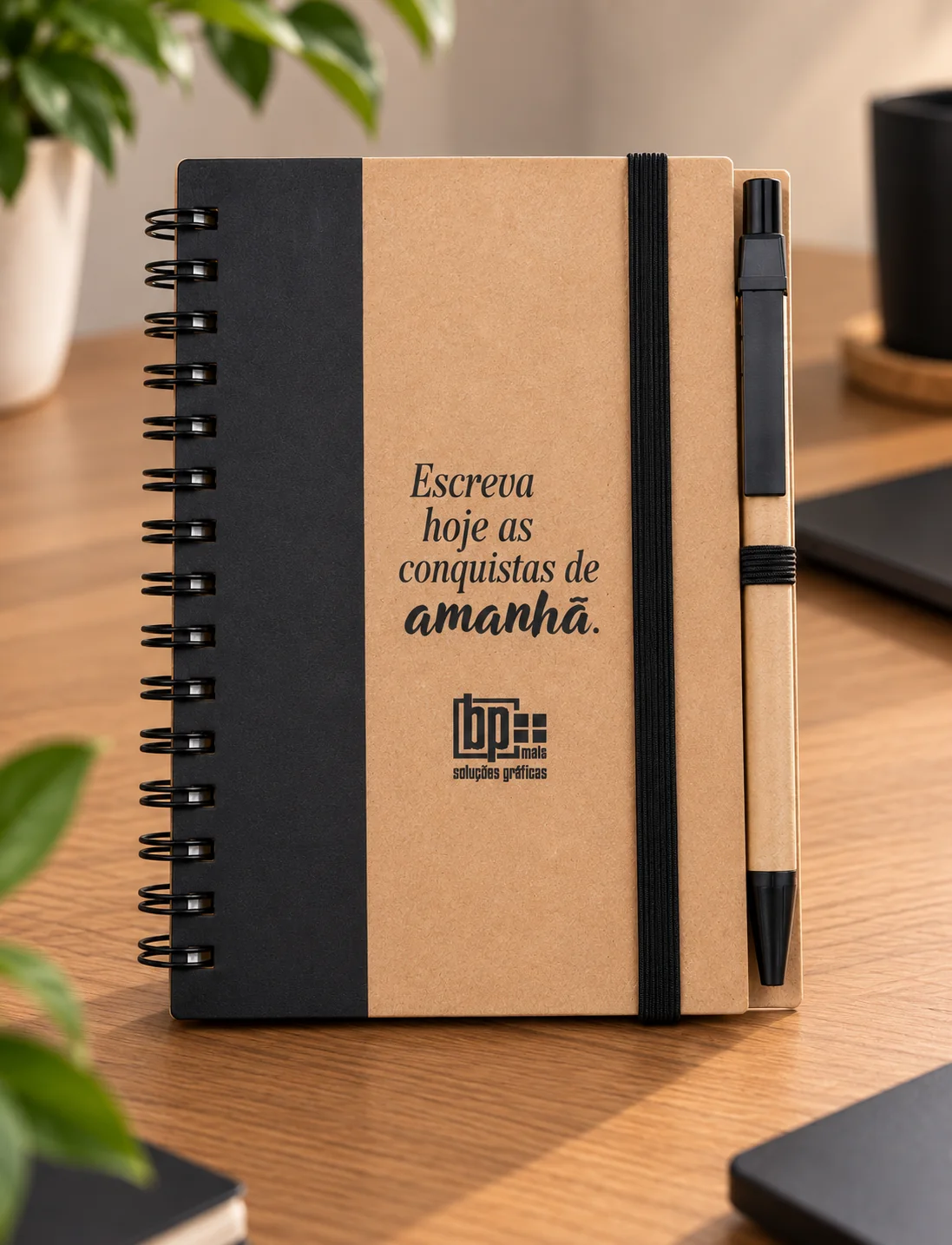 Caderno Jatobá personalizado com capa em papel kraft e caneta