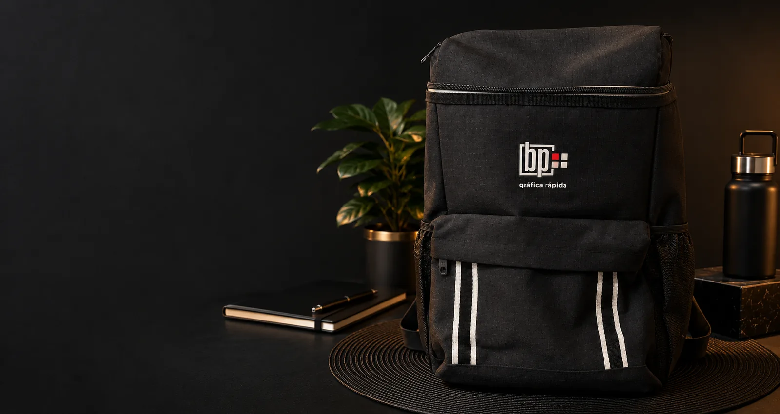 Mochila térmica Oásis preta personalizada em ambiente corporativo