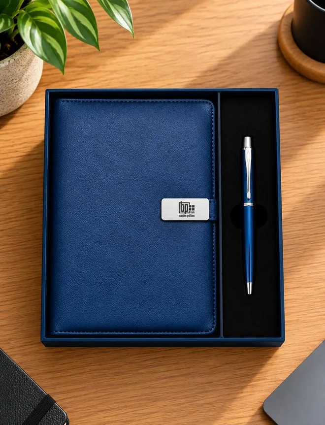 Kit Firenze azul personalizado com caneta na caixa