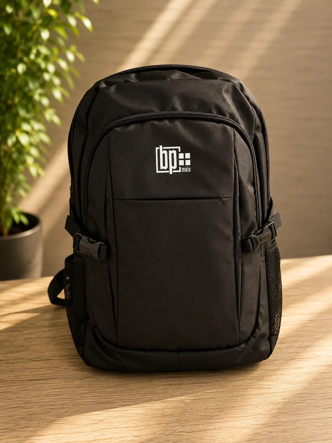 Mochila Move preta personalizada com logotipo BP Mais