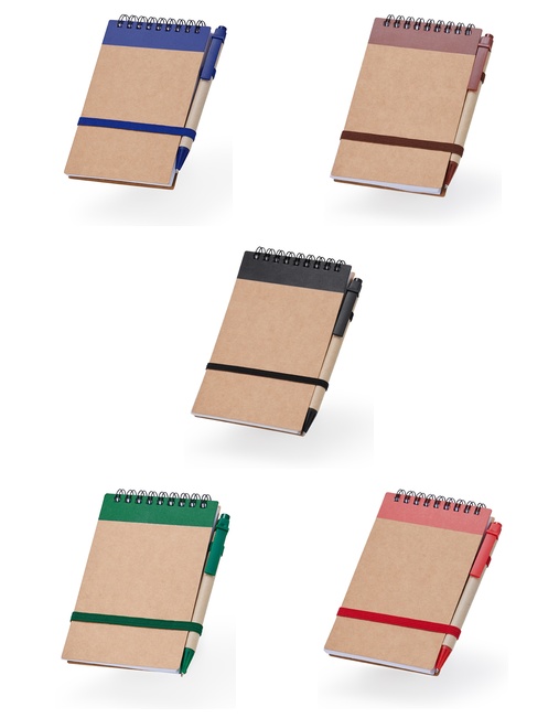 Bloco de anotações ecológico Aroeira nas cores azul, marrom, preto, verde e vermelho