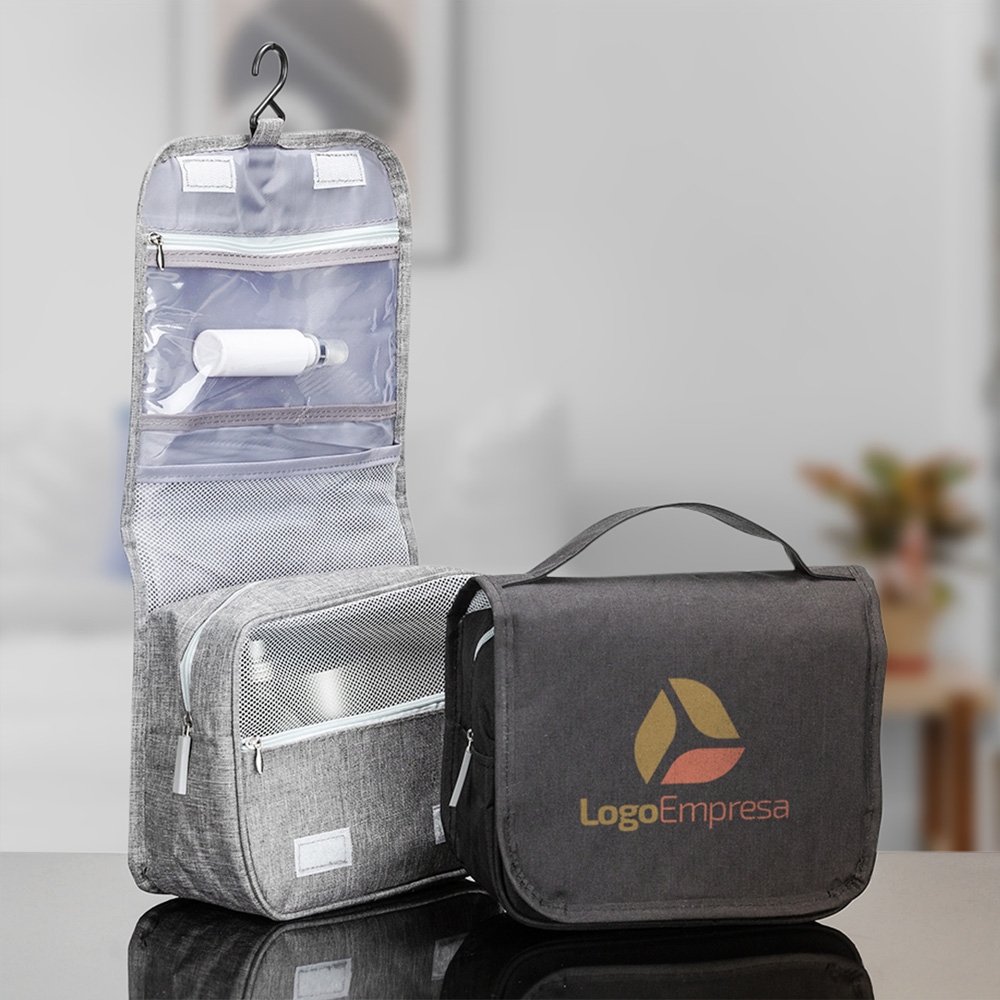 Nécessaire Essence cinza aberta e grafite personalizada com logotipo
