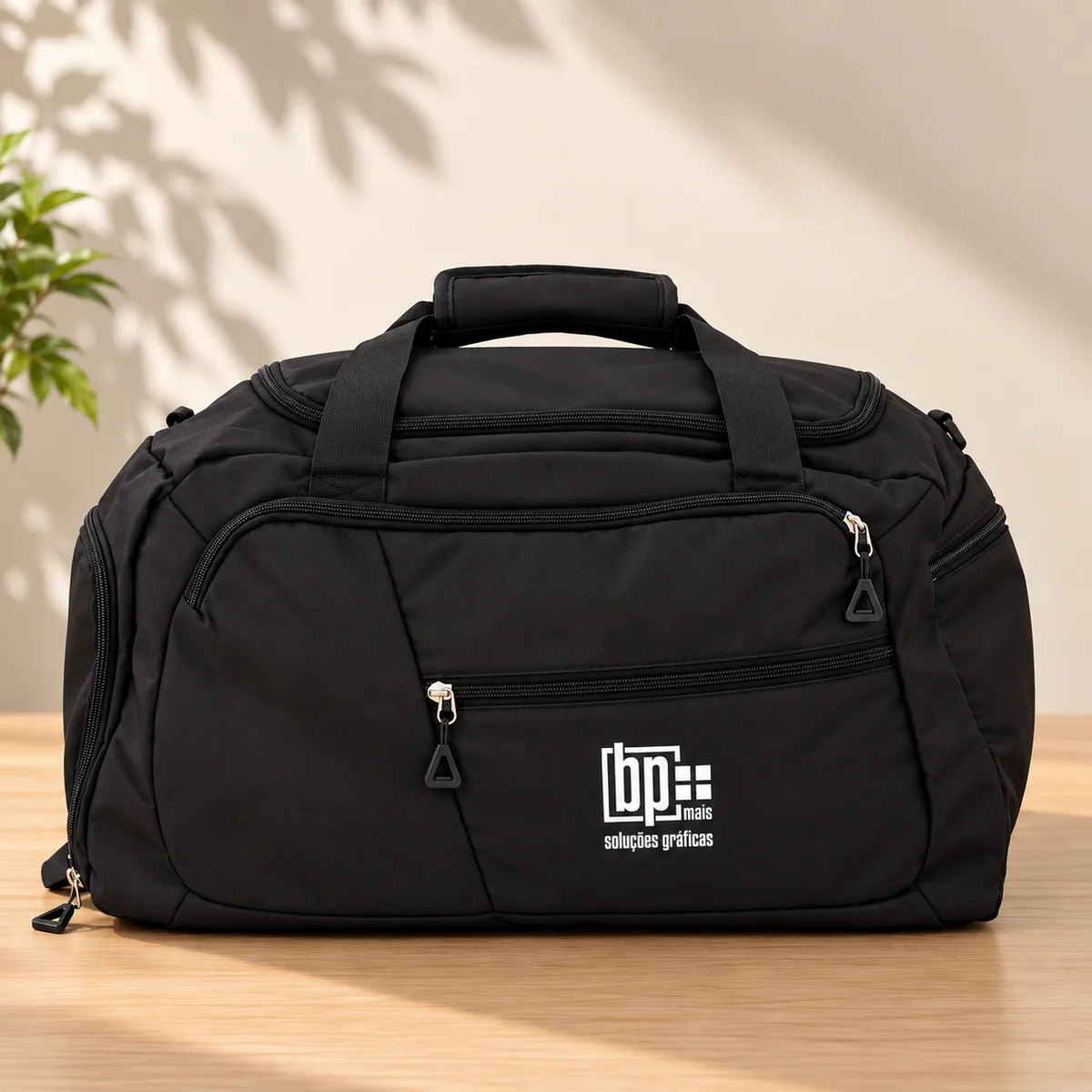Bolsa Destino preta personalizada com logotipo BP Mais