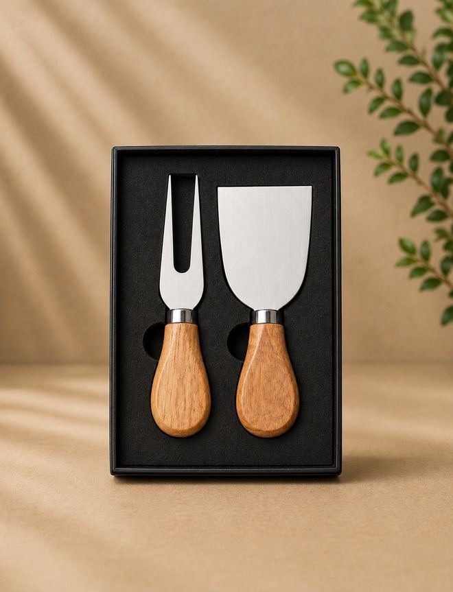Kit queijo Gusto em caixa preta com garfo e faca de cabo de madeira